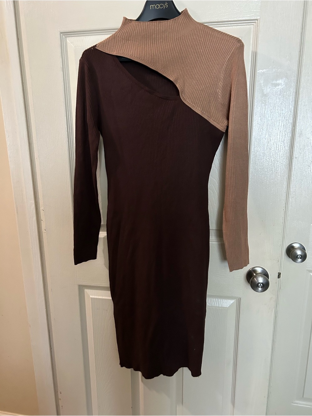 Almost Famous Two-Tone Brown & Tan Asymmetrical Cutout Ribbed Dress